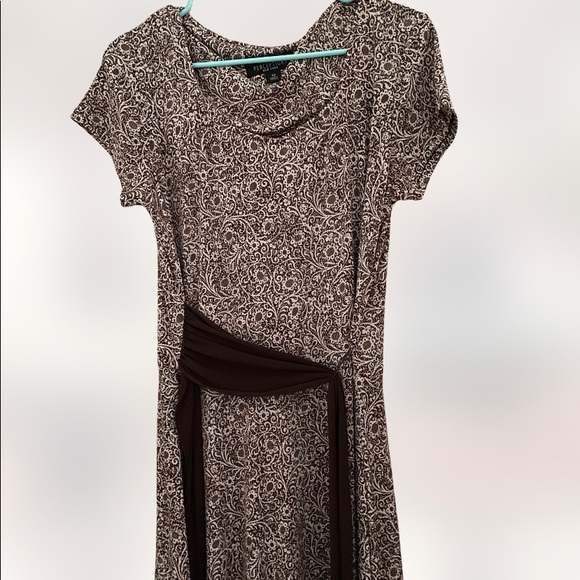 Perceptions Abstract Side Tie Belt A-Line Dress Women's 12 Brown White Stretchy - Picture 1 of 8